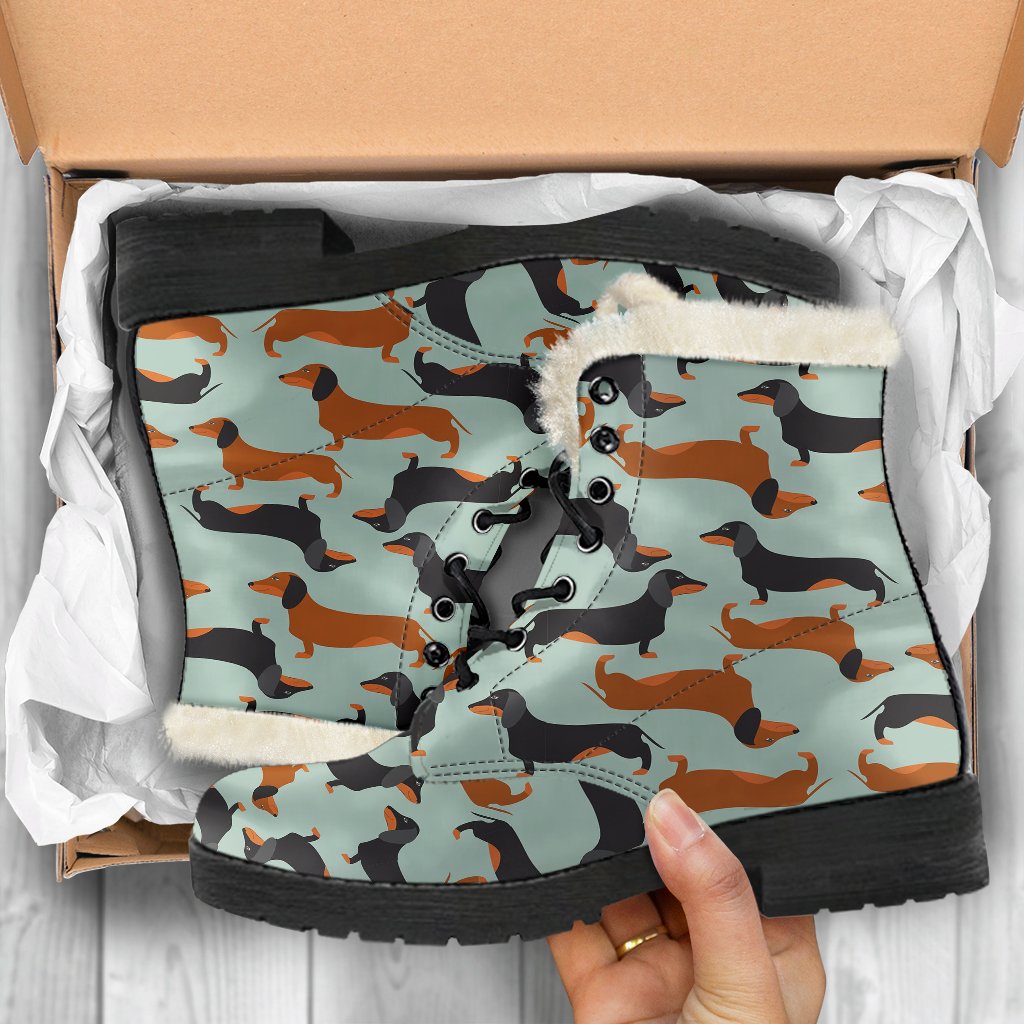 Dachshund Cute Print Pattern Faux Fur Leather Boots-JTAMIGO.COM