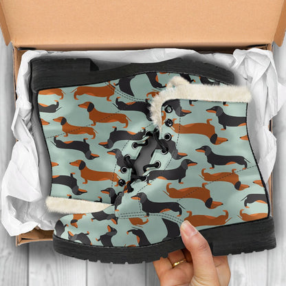 Dachshund Cute Print Pattern Faux Fur Leather Boots-JTAMIGO.COM