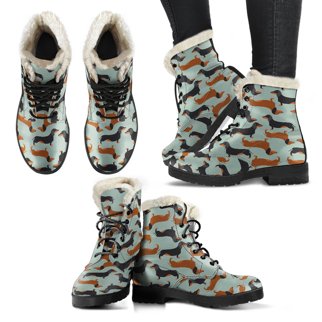 Dachshund Cute Print Pattern Faux Fur Leather Boots-JTAMIGO.COM