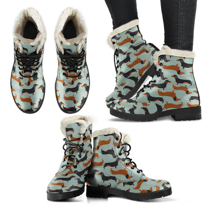 Dachshund Cute Print Pattern Faux Fur Leather Boots-JTAMIGO.COM