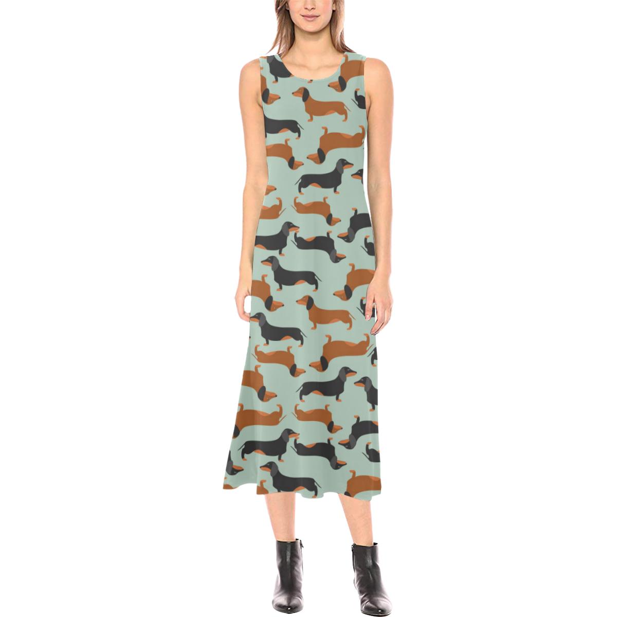 Dachshund Cute Print Pattern Sleeveless Open Fork Long Dress (Model D08)-JTAMIGO.COM