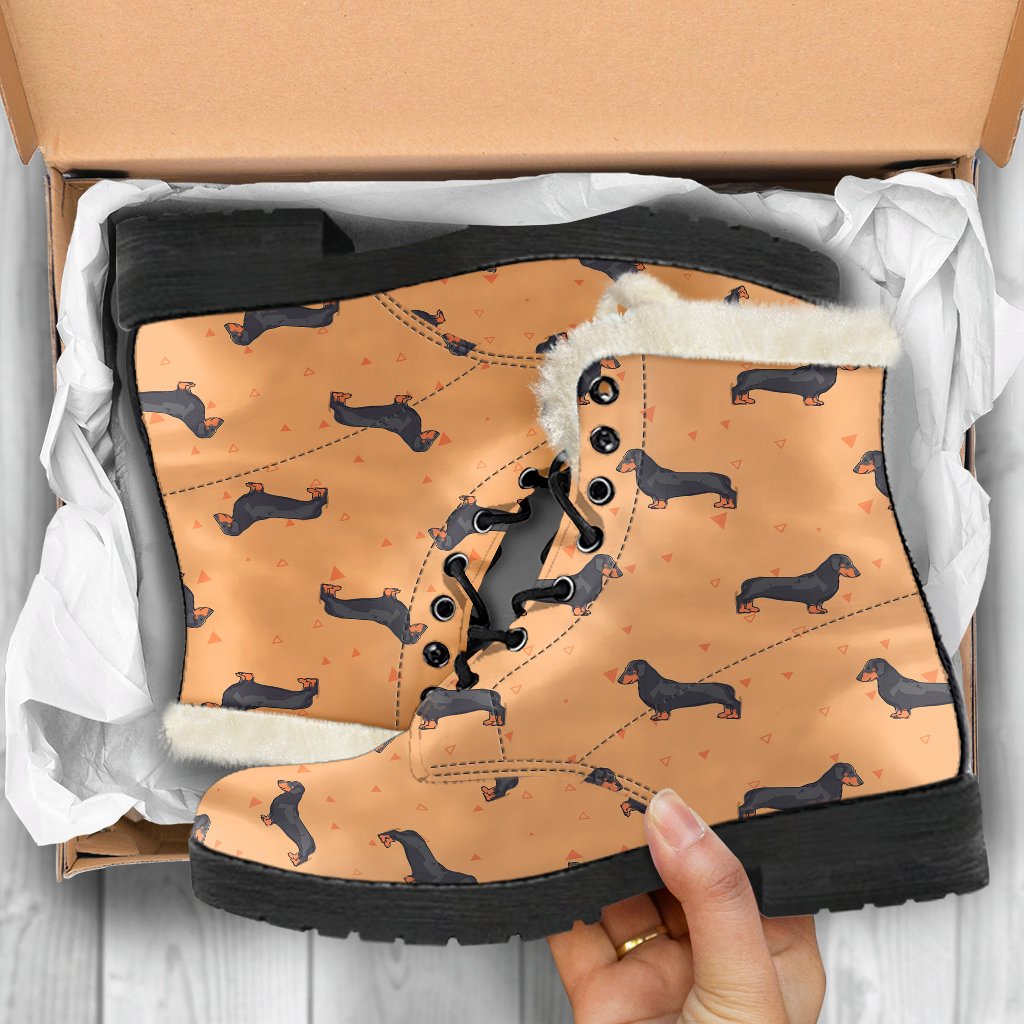Dachshund Draw Print Pattern Faux Fur Leather Boots-JTAMIGO.COM