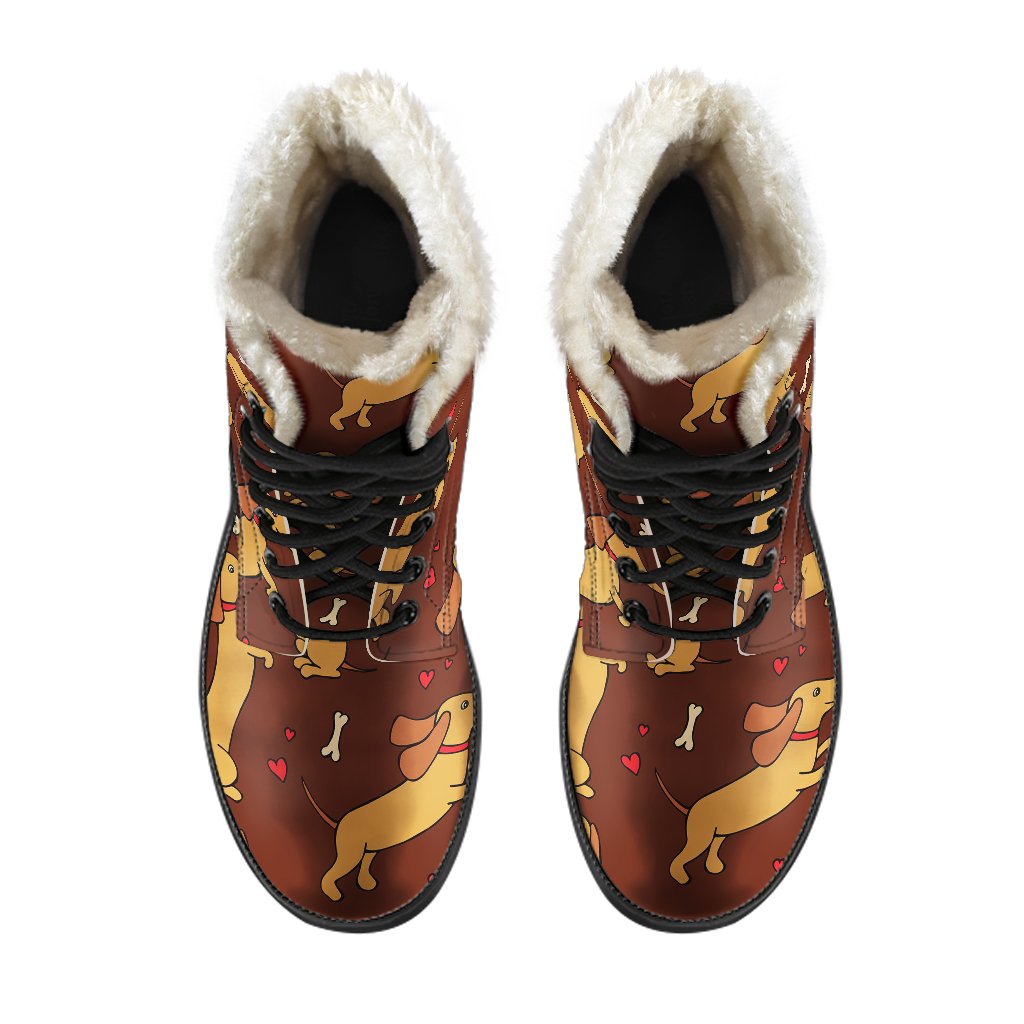Dachshund Happy Print Pattern Faux Fur Leather Boots-JTAMIGO.COM