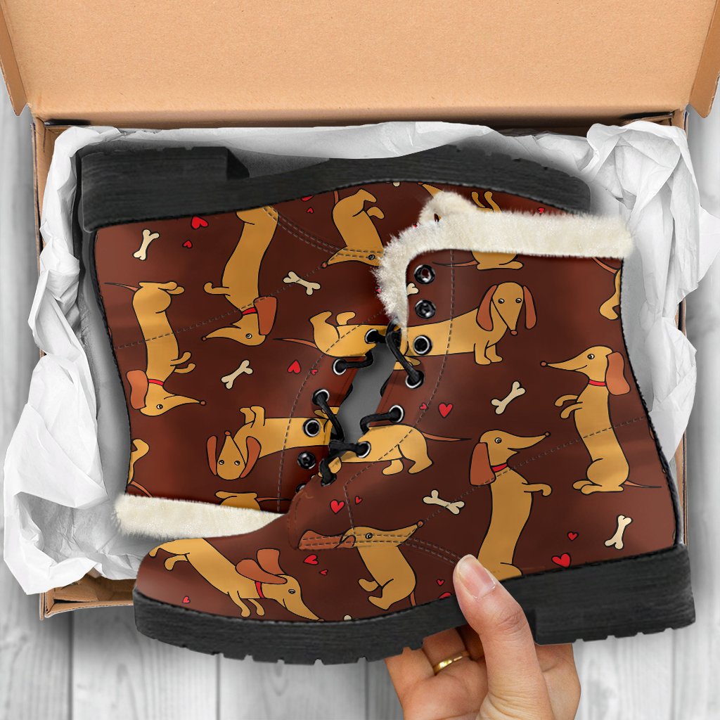 Dachshund Happy Print Pattern Faux Fur Leather Boots-JTAMIGO.COM