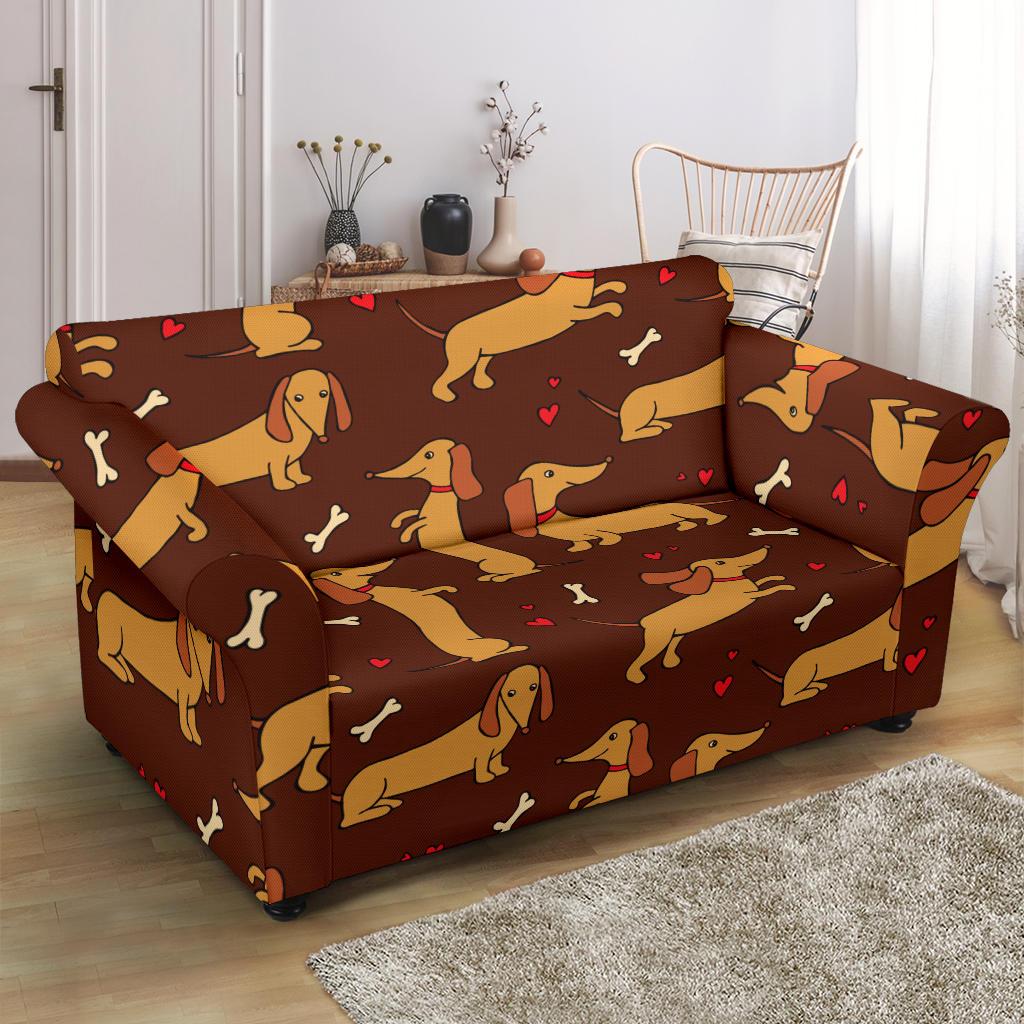 Dachshund Happy Print Pattern Loveseat Slipcover-JTAMIGO.COM