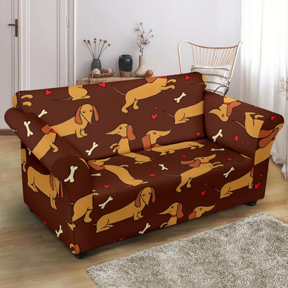 Dachshund Happy Print Pattern Loveseat Slipcover-JTAMIGO.COM