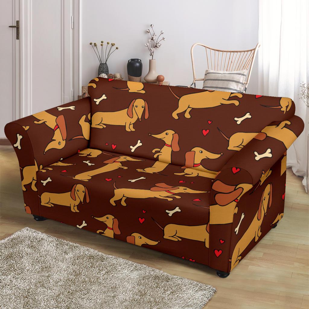 Dachshund Happy Print Pattern Loveseat Slipcover-JTAMIGO.COM