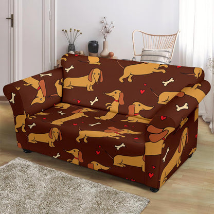 Dachshund Happy Print Pattern Loveseat Slipcover-JTAMIGO.COM