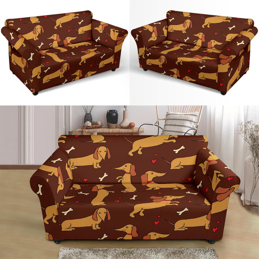 Dachshund Happy Print Pattern Loveseat Slipcover-JTAMIGO.COM
