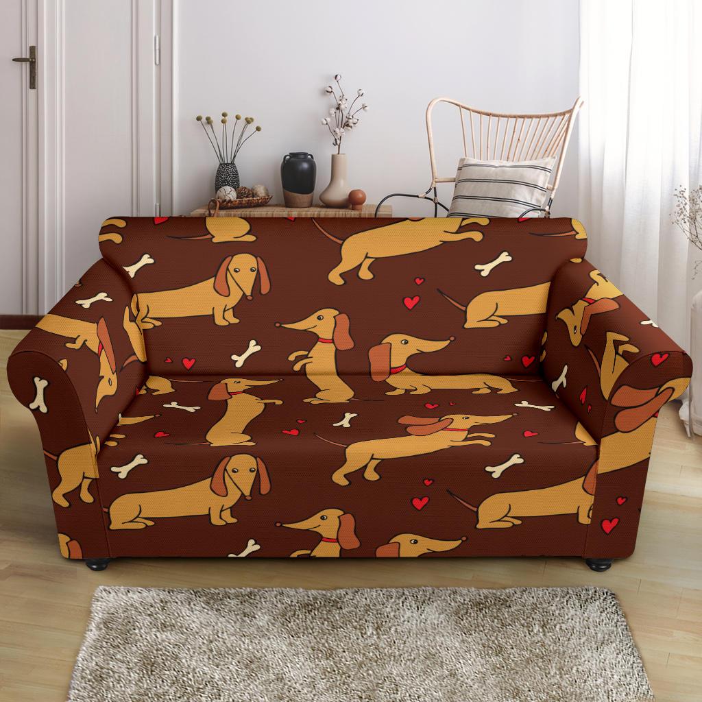 Dachshund Happy Print Pattern Loveseat Slipcover-JTAMIGO.COM