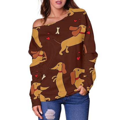 Dachshund Happy Print Pattern Off Shoulder Sweatshirt