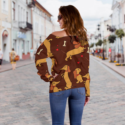 Dachshund Happy Print Pattern Off Shoulder Sweatshirt