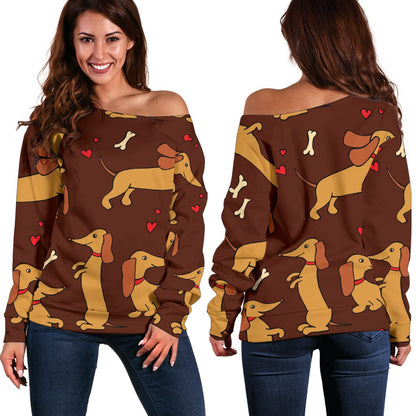 Dachshund Happy Print Pattern Off Shoulder Sweatshirt