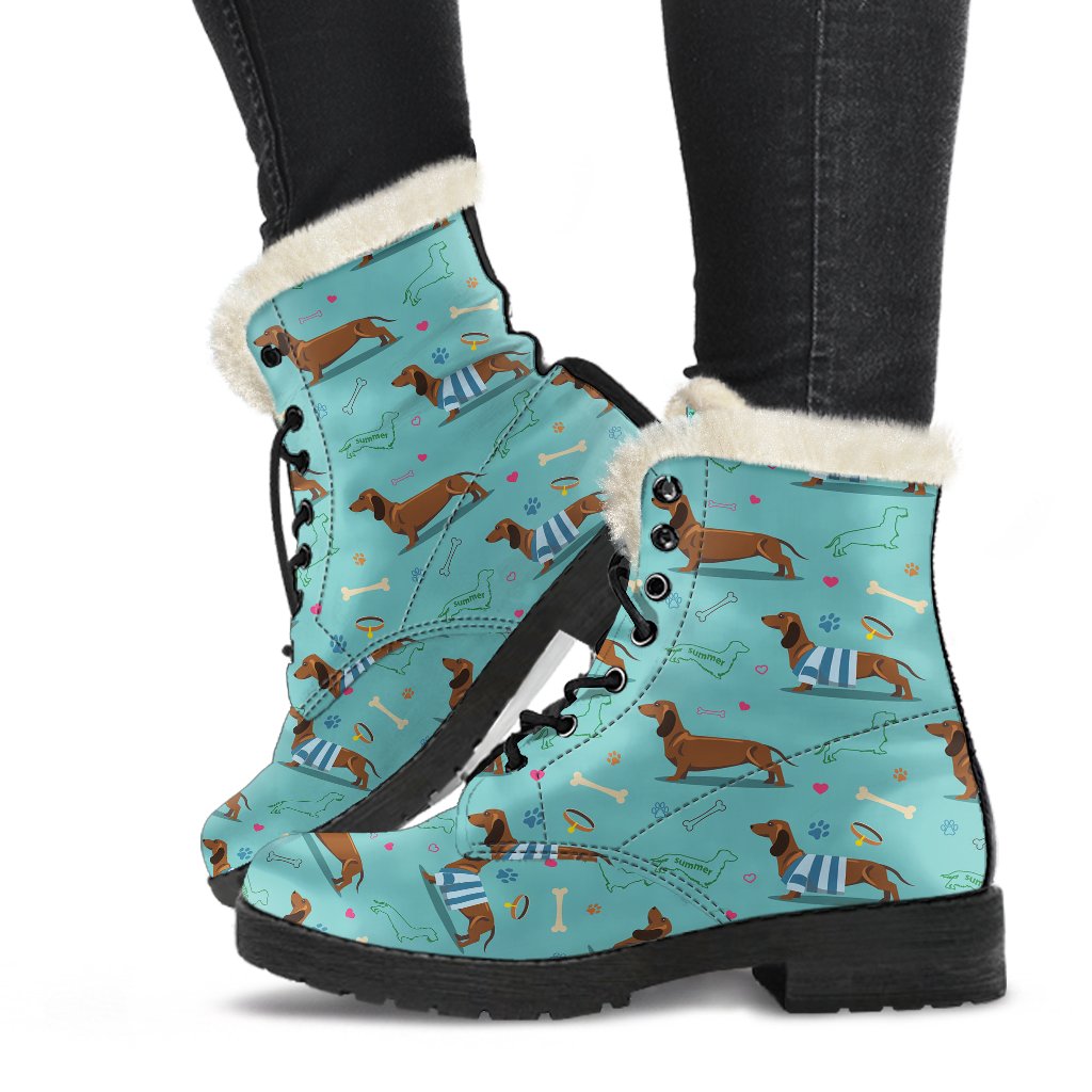 Dachshund Paw Decorative Print Pattern Faux Fur Leather Boots-JTAMIGO.COM