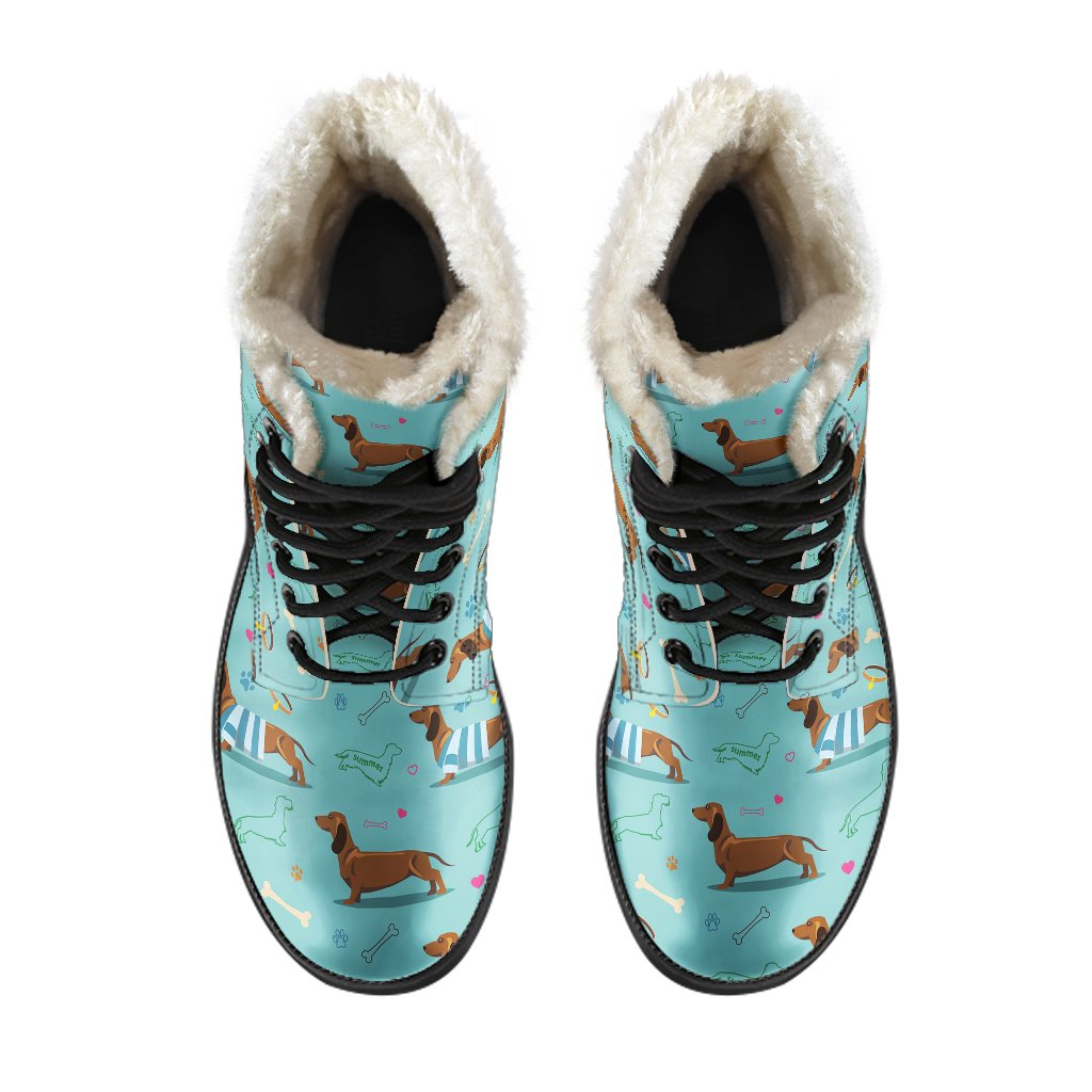 Dachshund Paw Decorative Print Pattern Faux Fur Leather Boots-JTAMIGO.COM