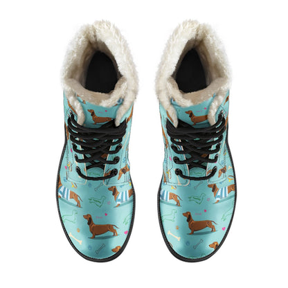 Dachshund Paw Decorative Print Pattern Faux Fur Leather Boots-JTAMIGO.COM