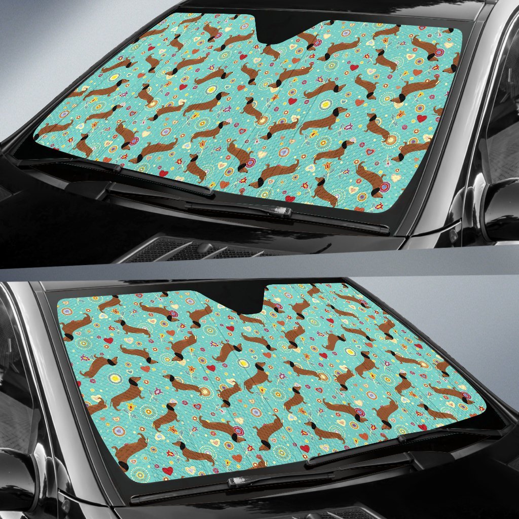 Dachshund with Floral Print Pattern Car Sun Shade For Windshield