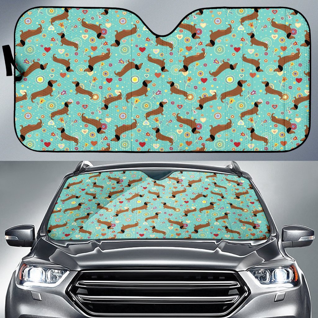 Dachshund with Floral Print Pattern Car Sun Shade For Windshield