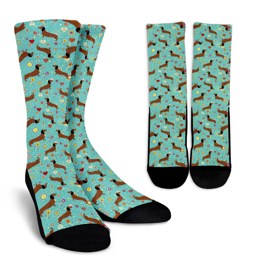 Dachshund with Floral Print Pattern Crew Socks