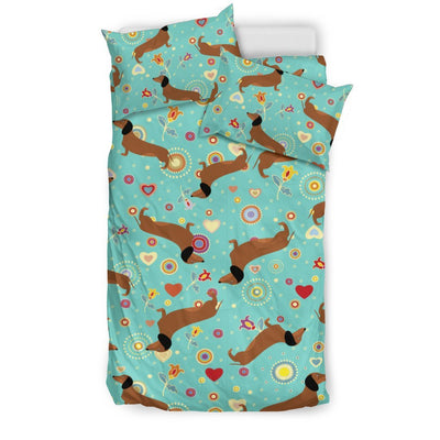 Dachshund With Floral Print Pattern Duvet Cover Bedding Set
