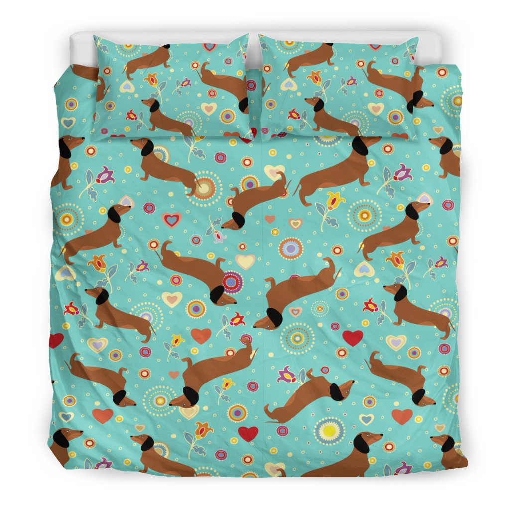 Dachshund With Floral Print Pattern Duvet Cover Bedding Set
