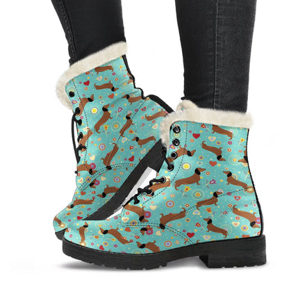 Dachshund with Floral Print Pattern Faux Fur Leather Boots-JTAMIGO.COM