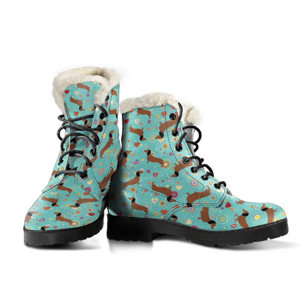 Dachshund with Floral Print Pattern Faux Fur Leather Boots-JTAMIGO.COM