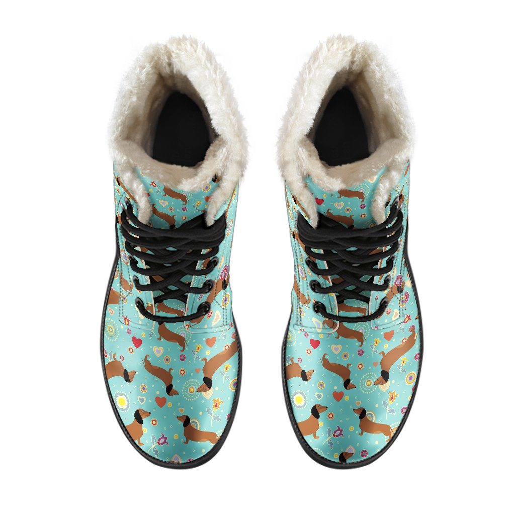 Dachshund with Floral Print Pattern Faux Fur Leather Boots-JTAMIGO.COM