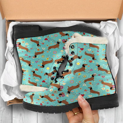 Dachshund with Floral Print Pattern Faux Fur Leather Boots-JTAMIGO.COM