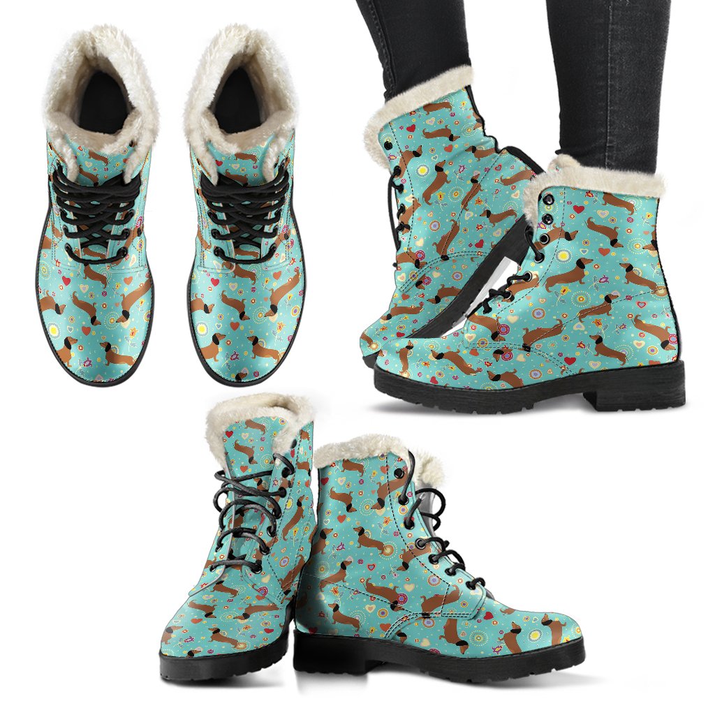 Dachshund with Floral Print Pattern Faux Fur Leather Boots-JTAMIGO.COM