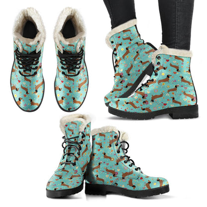 Dachshund with Floral Print Pattern Faux Fur Leather Boots-JTAMIGO.COM