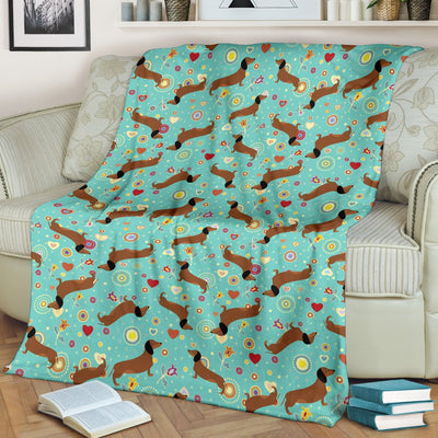 Dachshund With Floral Print Pattern Fleece Blanket