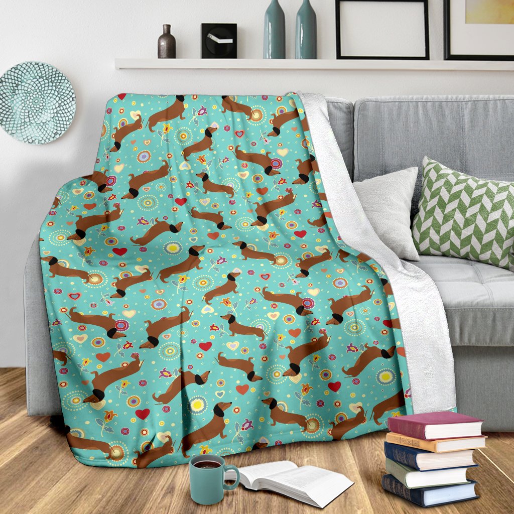 Dachshund With Floral Print Pattern Fleece Blanket