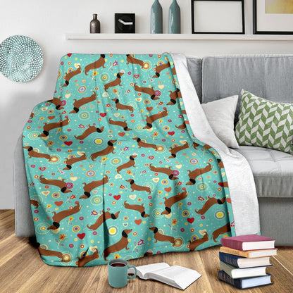 Dachshund With Floral Print Pattern Fleece Blanket