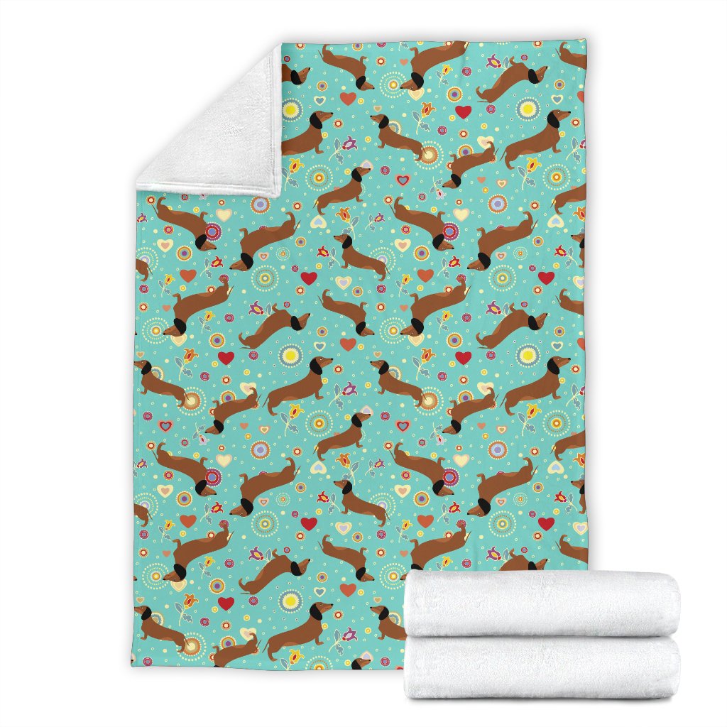 Dachshund With Floral Print Pattern Fleece Blanket