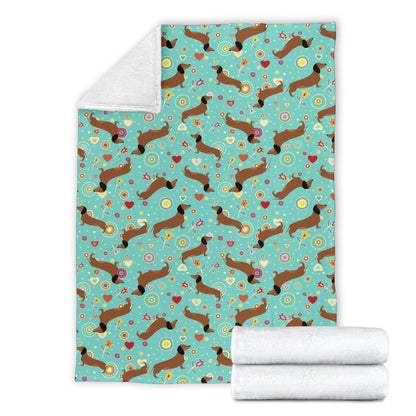 Dachshund With Floral Print Pattern Fleece Blanket