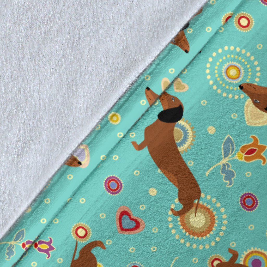 Dachshund With Floral Print Pattern Fleece Blanket