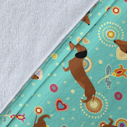 Dachshund With Floral Print Pattern Fleece Blanket