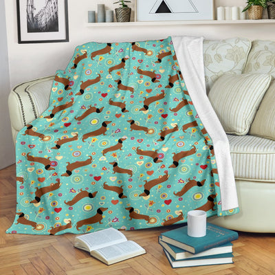 Dachshund With Floral Print Pattern Fleece Blanket