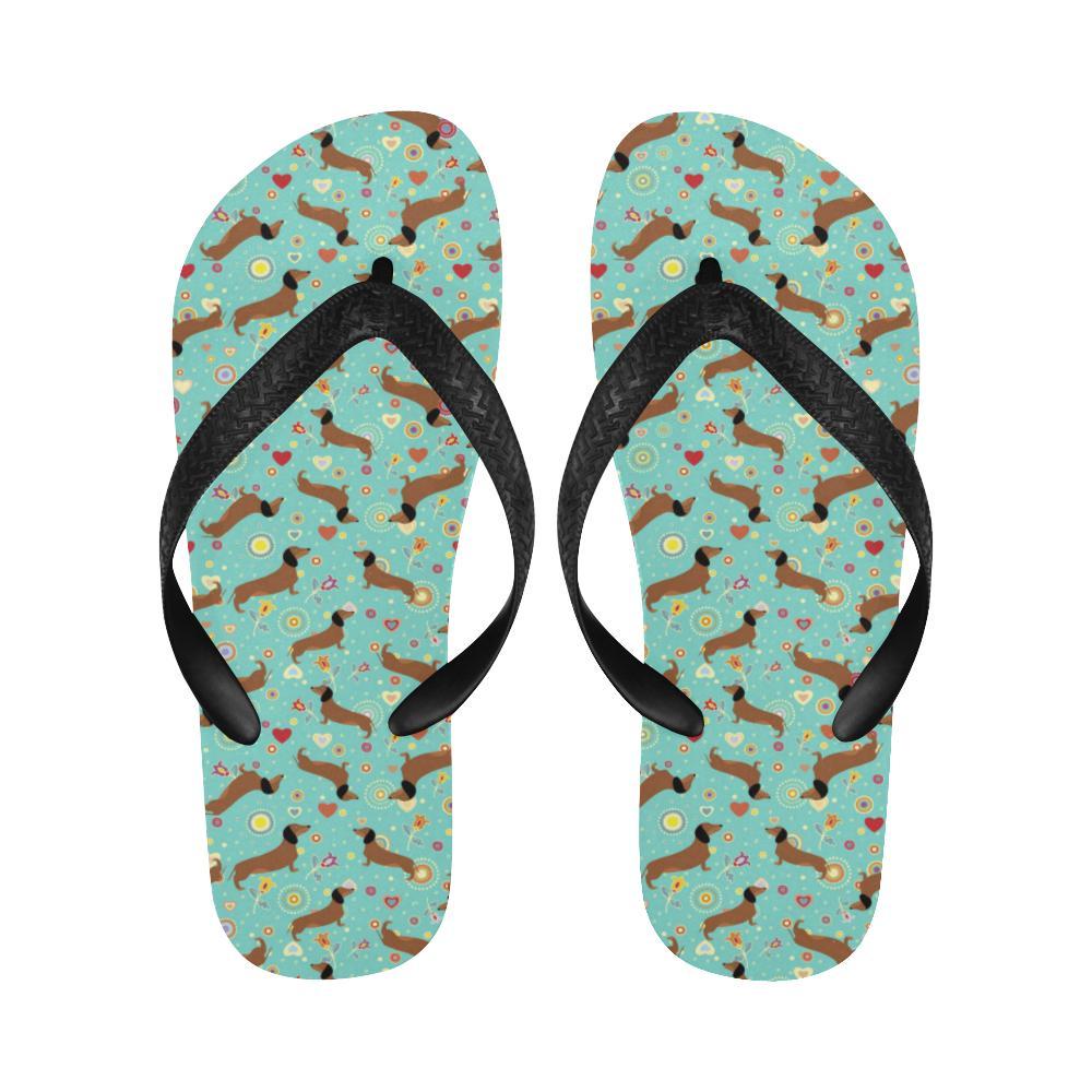 Dachshund with Floral Print Pattern Flip Flops-JTAMIGO.COM