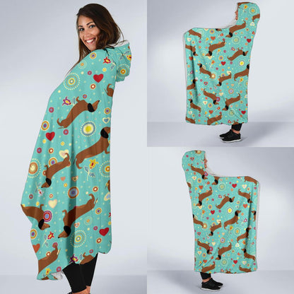Dachshund with Floral Print Pattern Hooded Blanket-JTAMIGO.COM