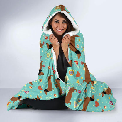 Dachshund with Floral Print Pattern Hooded Blanket-JTAMIGO.COM