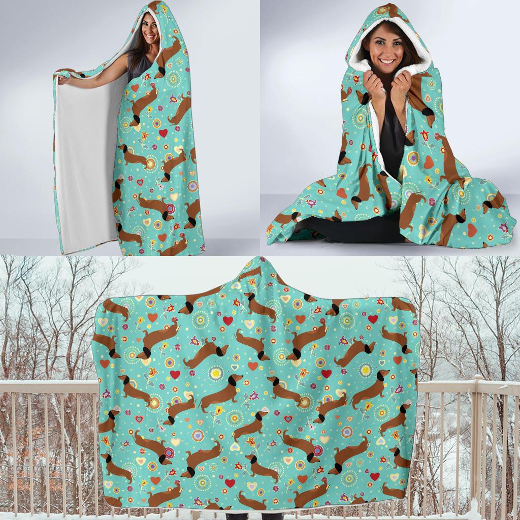 Dachshund with Floral Print Pattern Hooded Blanket-JTAMIGO.COM