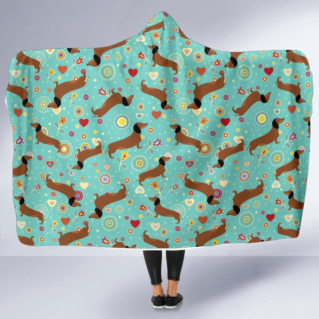 Dachshund with Floral Print Pattern Hooded Blanket-JTAMIGO.COM