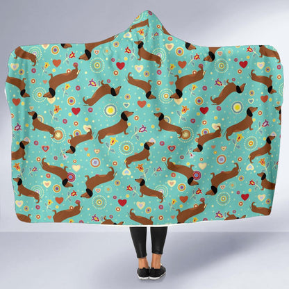 Dachshund with Floral Print Pattern Hooded Blanket-JTAMIGO.COM