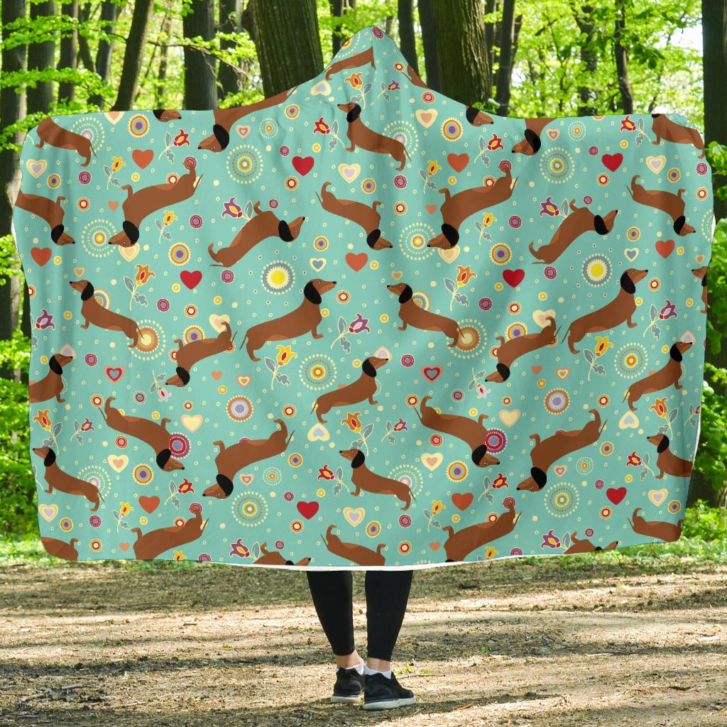 Dachshund with Floral Print Pattern Hooded Blanket-JTAMIGO.COM