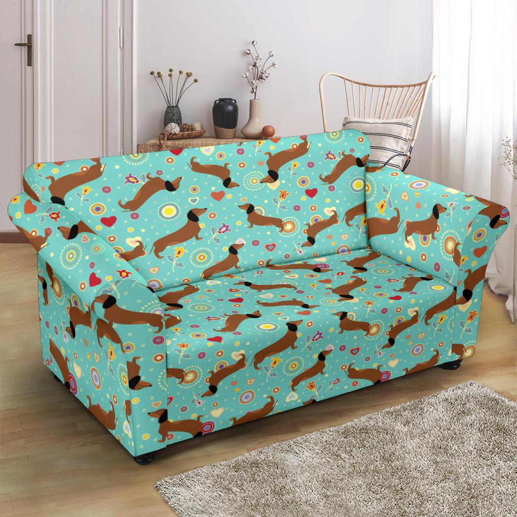 Dachshund with Floral Print Pattern Loveseat Slipcover-JTAMIGO.COM