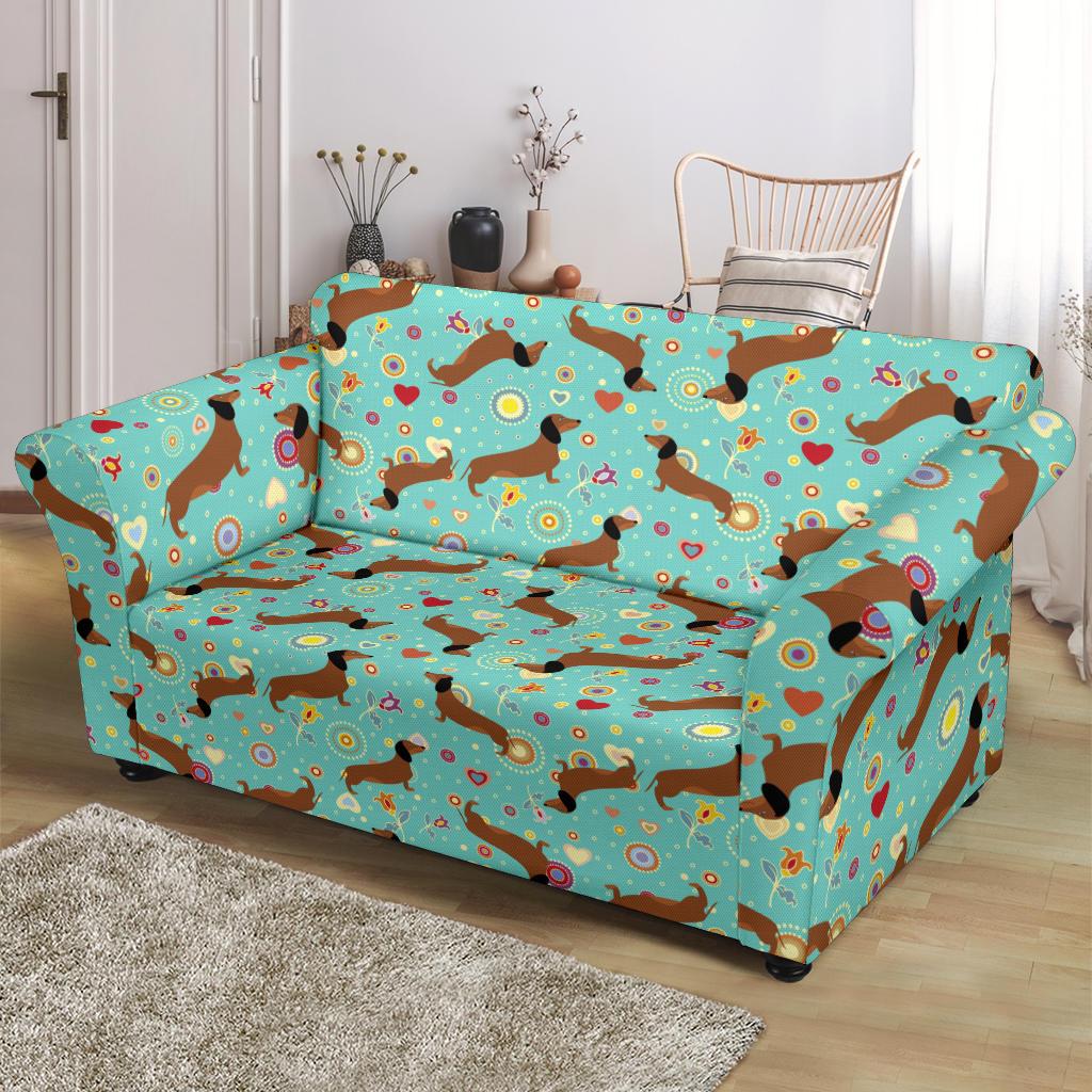 Dachshund with Floral Print Pattern Loveseat Slipcover-JTAMIGO.COM