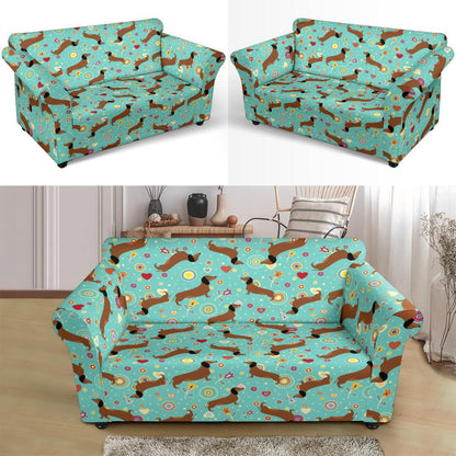 Dachshund with Floral Print Pattern Loveseat Slipcover-JTAMIGO.COM