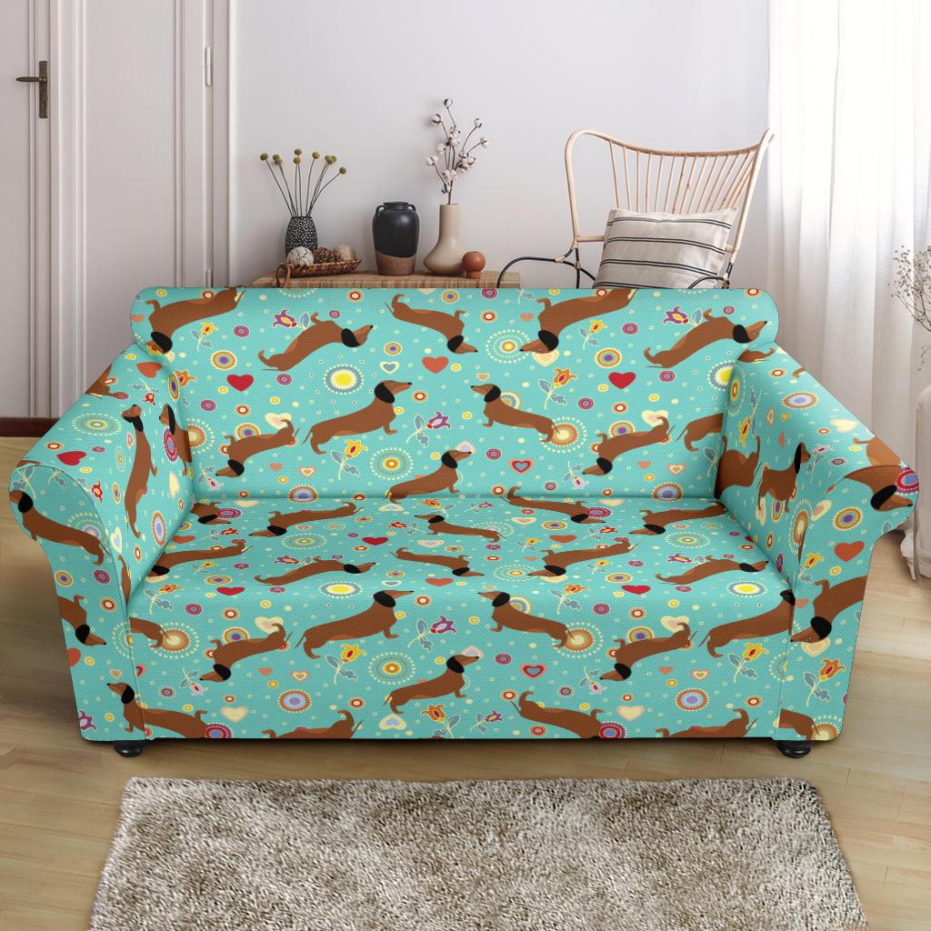 Dachshund with Floral Print Pattern Loveseat Slipcover-JTAMIGO.COM